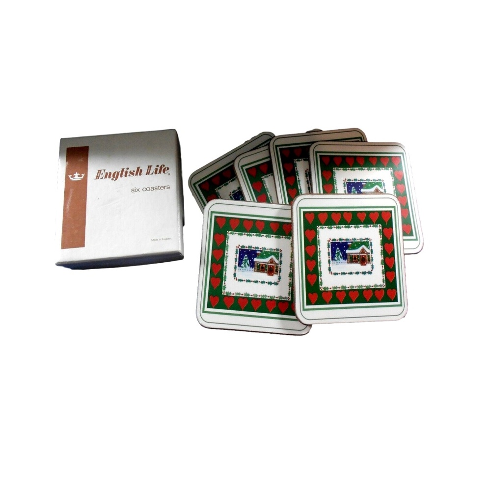 English Life Six Cork Back Christmas Coaster Set Snow House Hearts Holly Holiday
